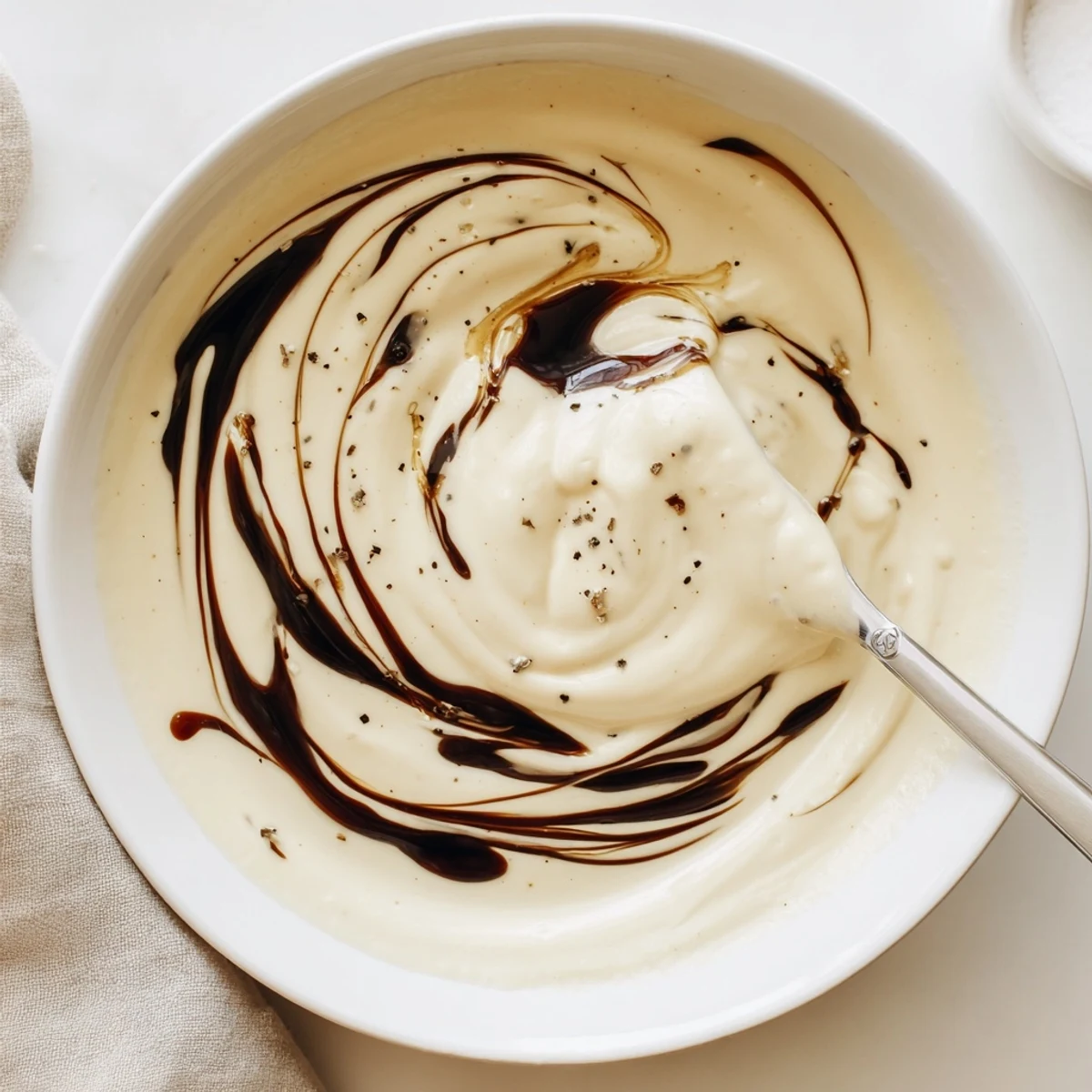 Closeup shot of smooth balsamic vinaigrette being whisked in white bowl with olive oil stream