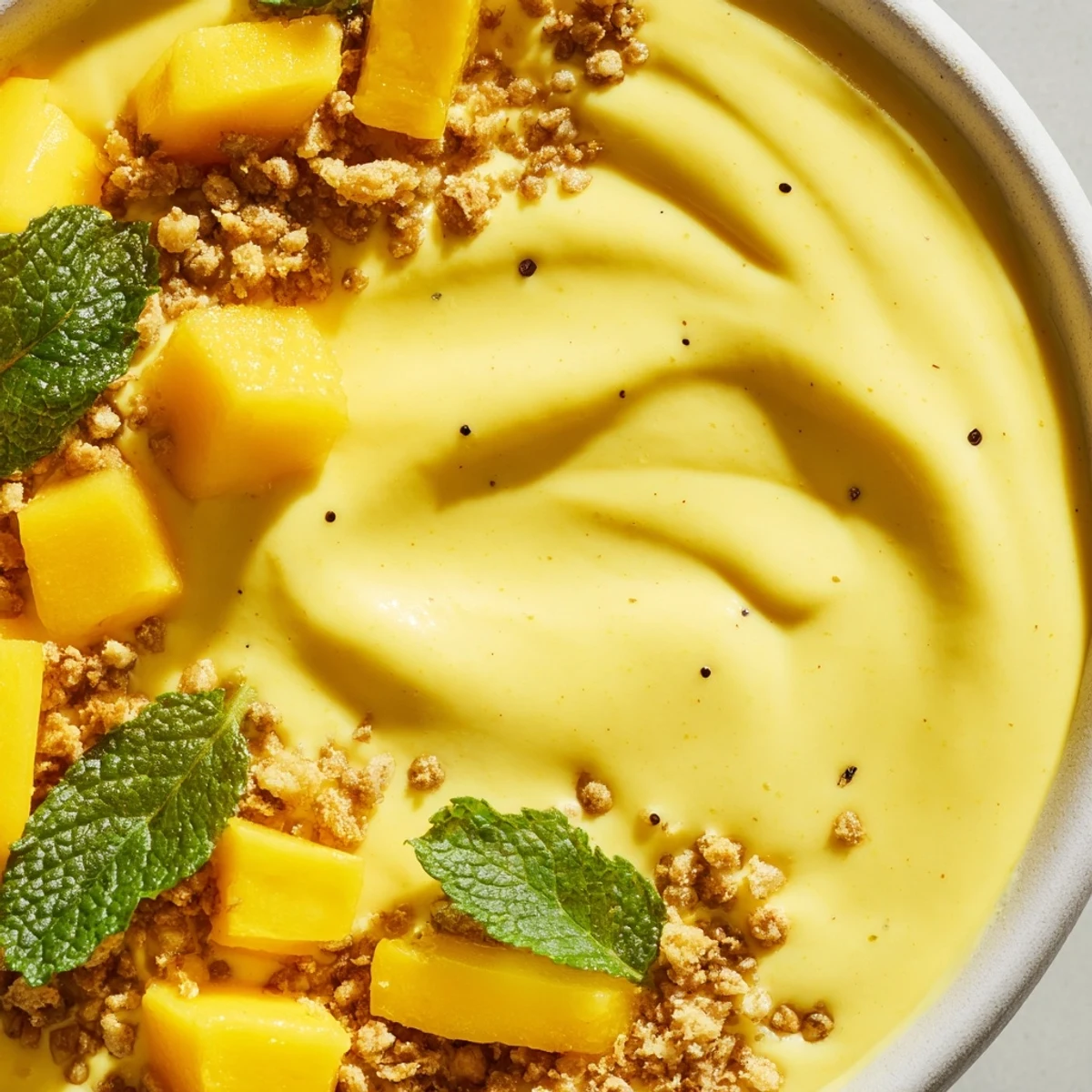 Creamy Indian-style mango lassi bowl artfully arranged with coconut flakes, chia seeds, and fruit