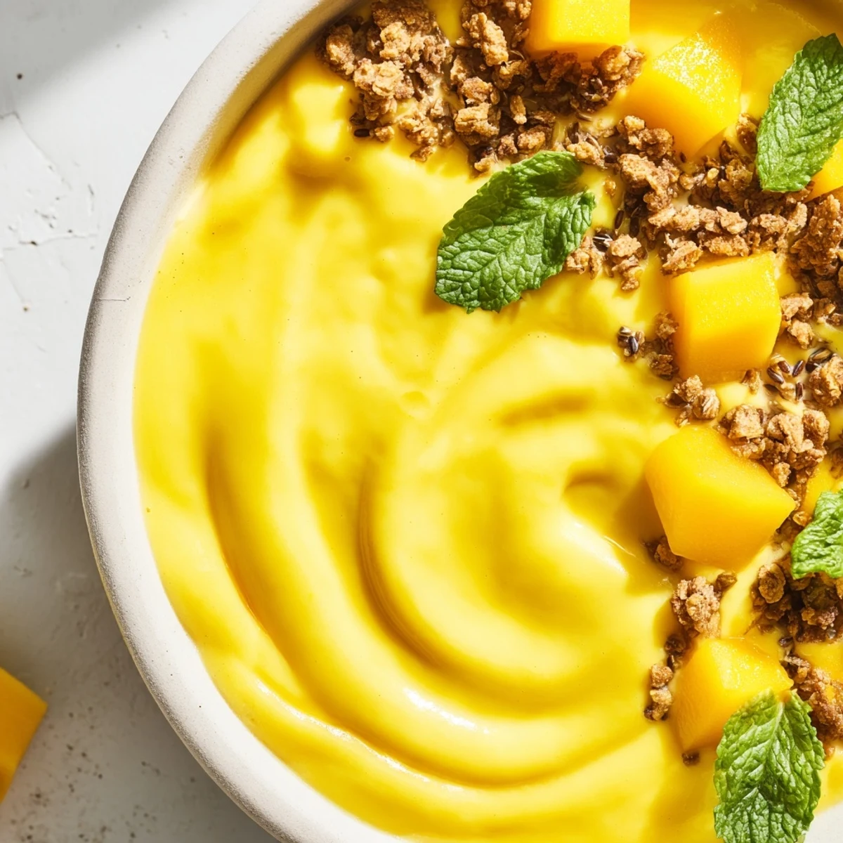 Golden Iced Mango Lassi Smoothie Bowl topped with fresh mango, granola, and mint leaves