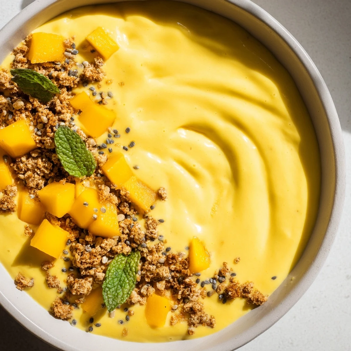 Refreshing frozen mango breakfast bowl with yogurt, cardamom, and vibrant tropical garnishes