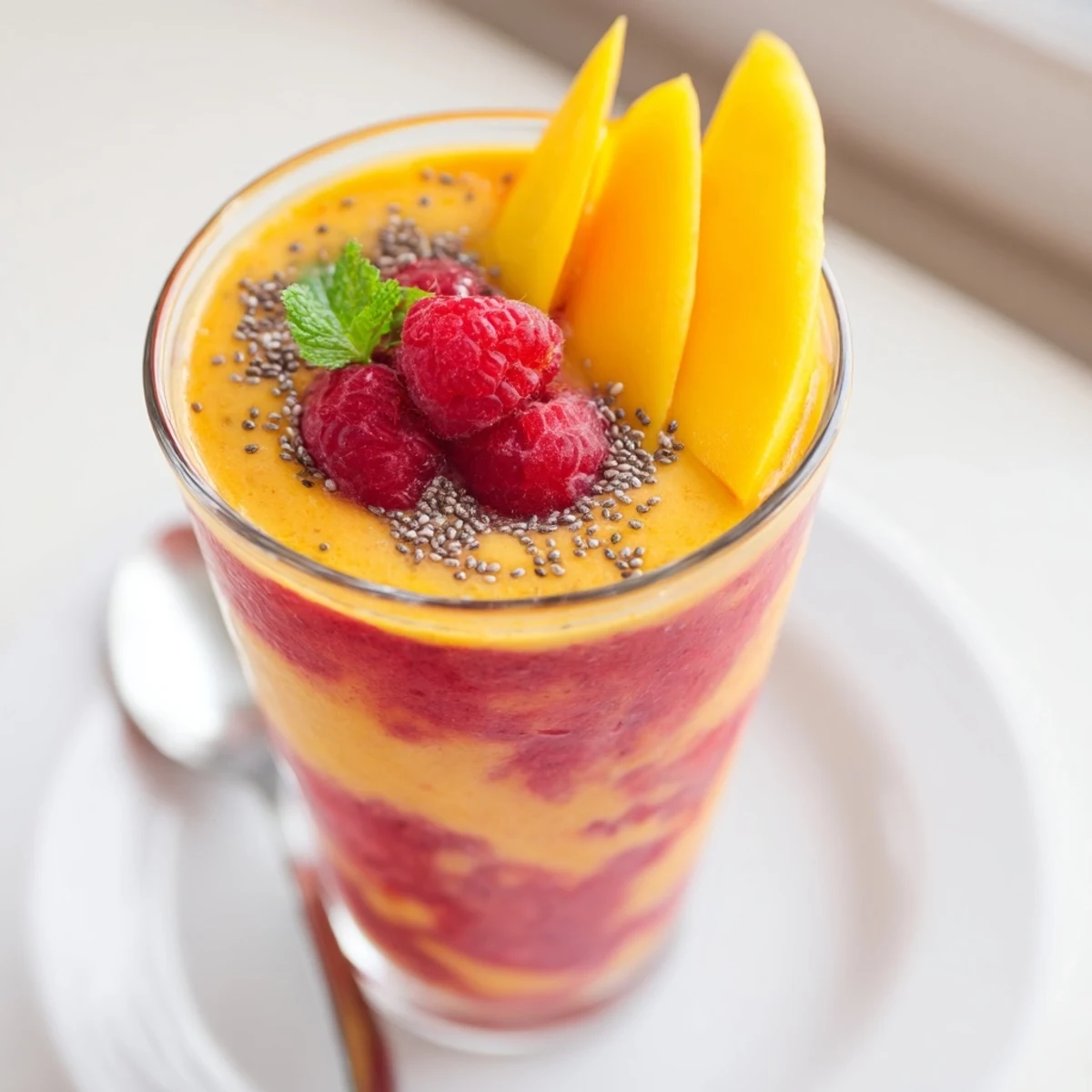 Creamy raspberry mango smoothie in a mason jar with chia seeds swirling throughout beside a bowl of colorful tropical fruits