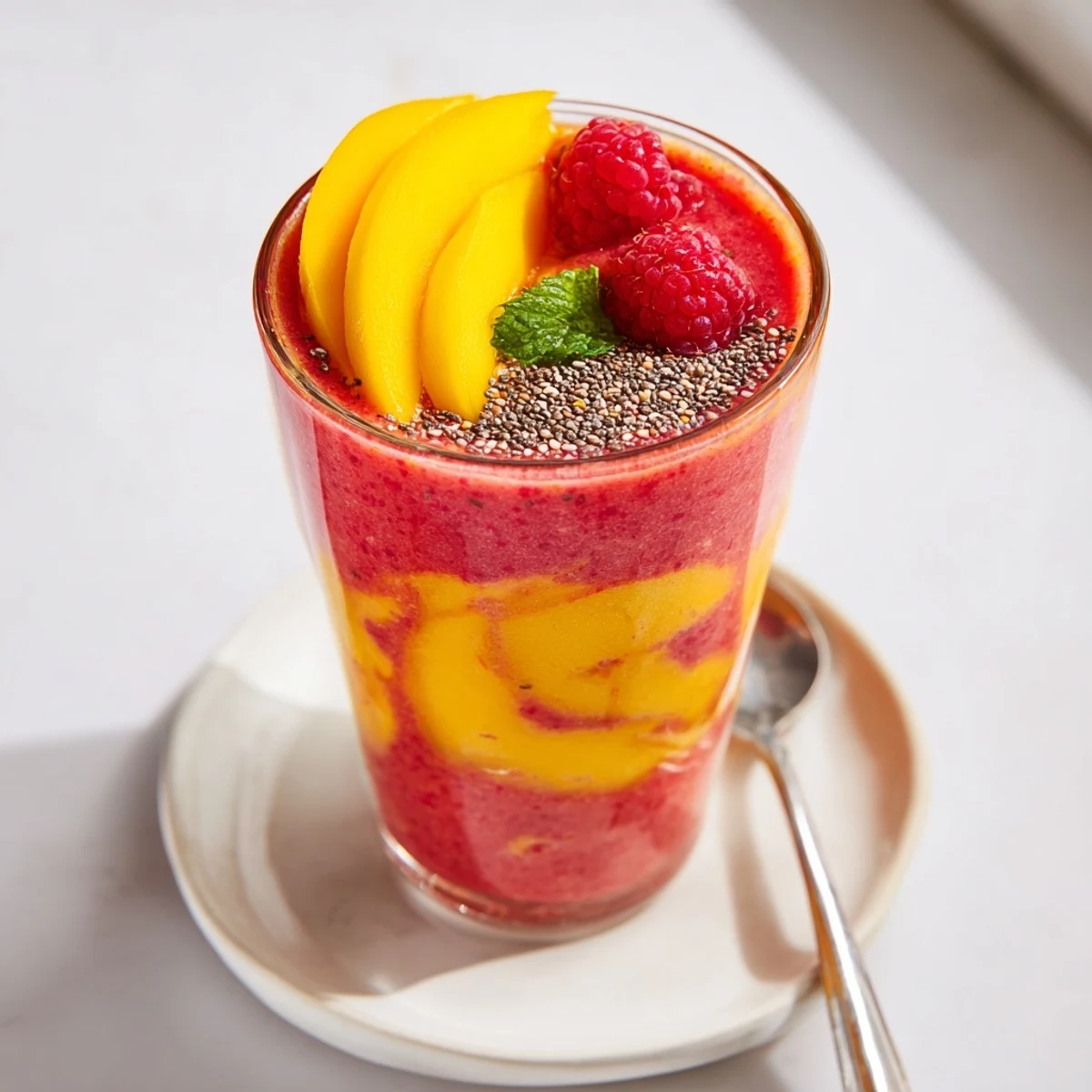 Tall glass filled with vibrant raspberry mango smoothie topped with fresh mint leaves and mango slices on a wooden table