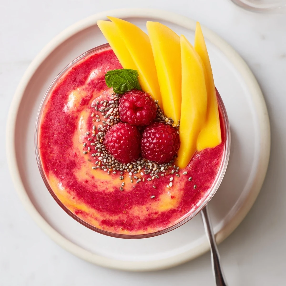 Bright pink raspberry mango smoothie poured into two glasses with raspberries and lime wedges garnishing the rim on a sunny kitchen counter