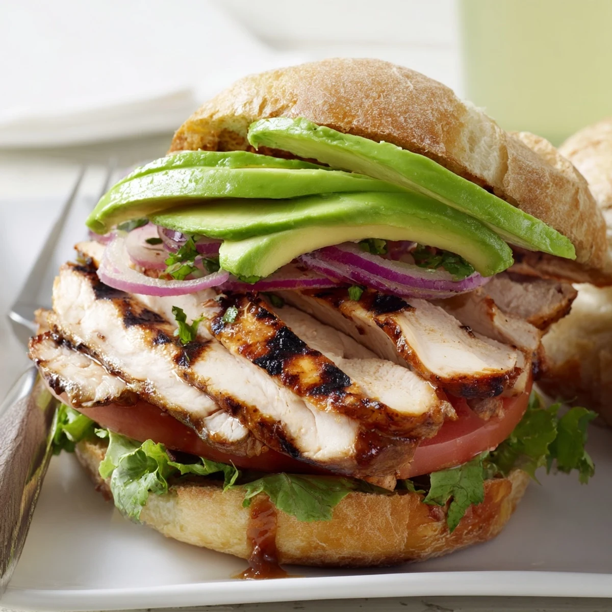 Diagonal cross-section shows Chipotle Grilled Chicken With Avocado Sandwich, juicy chicken slices.