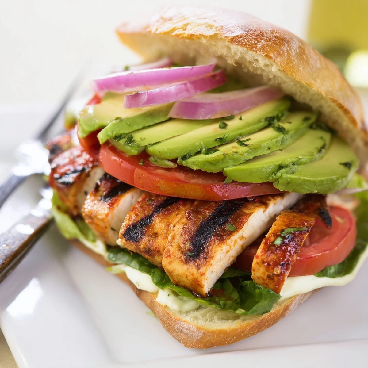 Smoky, charred Chipotle Grilled Chicken With Avocado Sandwich topped with lime mayo.