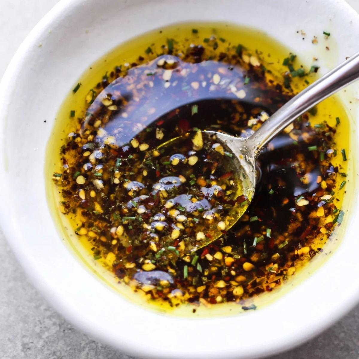 Tangy Vinaigrette whisked to a silky emulsion, glistening over mixed greens