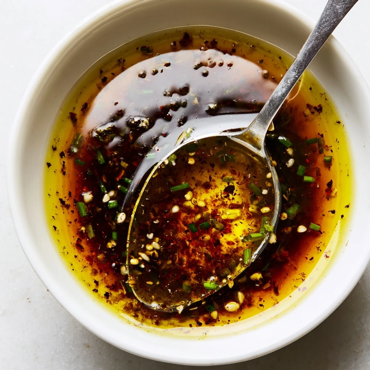 Zesty Vinaigrette with flecks of garlic and herbs, ready to marinate