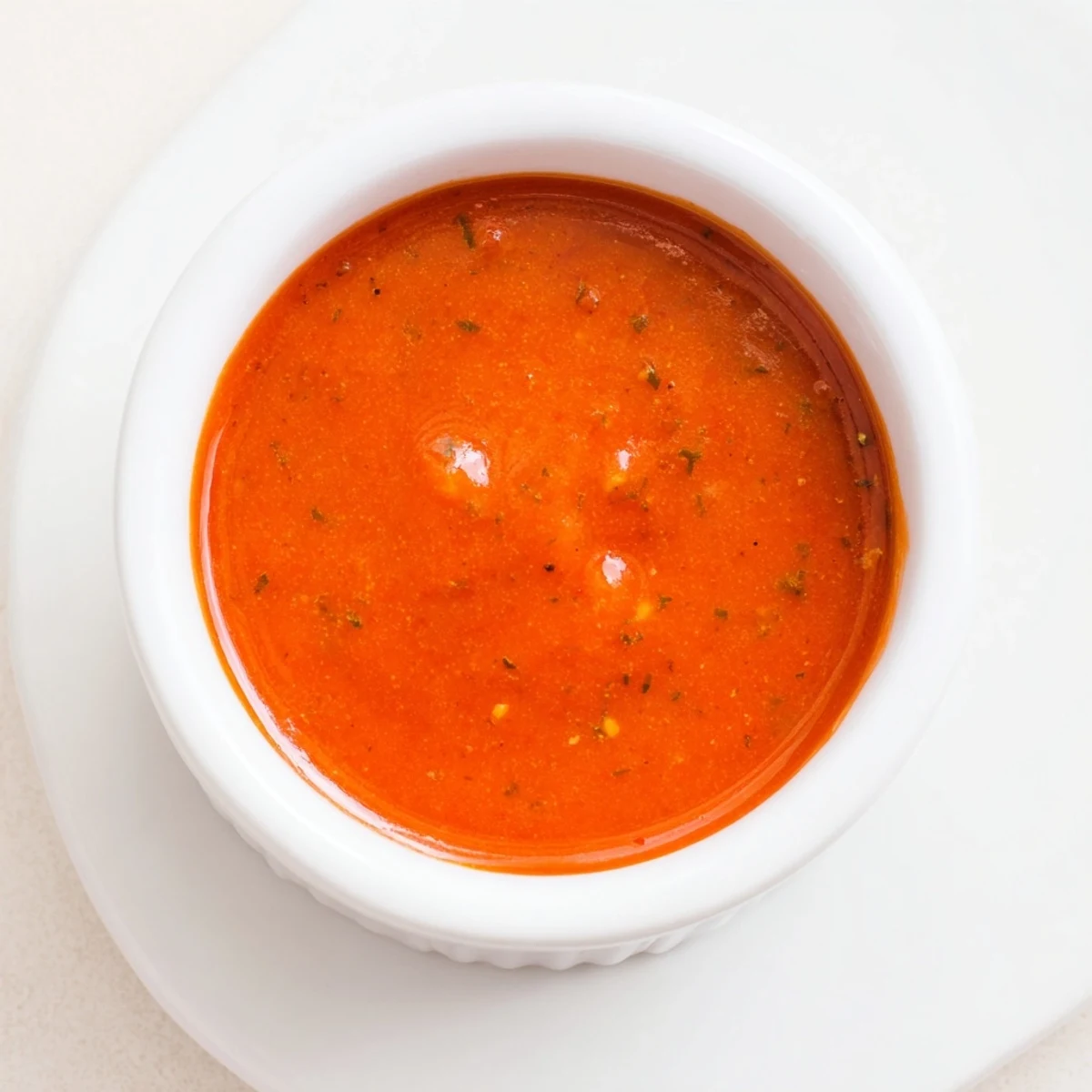 Glass jar of vibrant red tomato basil vinaigrette drizzled over fresh mixed green salad