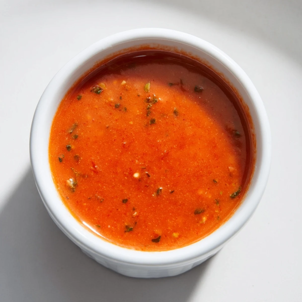 Close-up of chunky tomato basil vinaigrette speckled with fresh herbs in clear serving jar