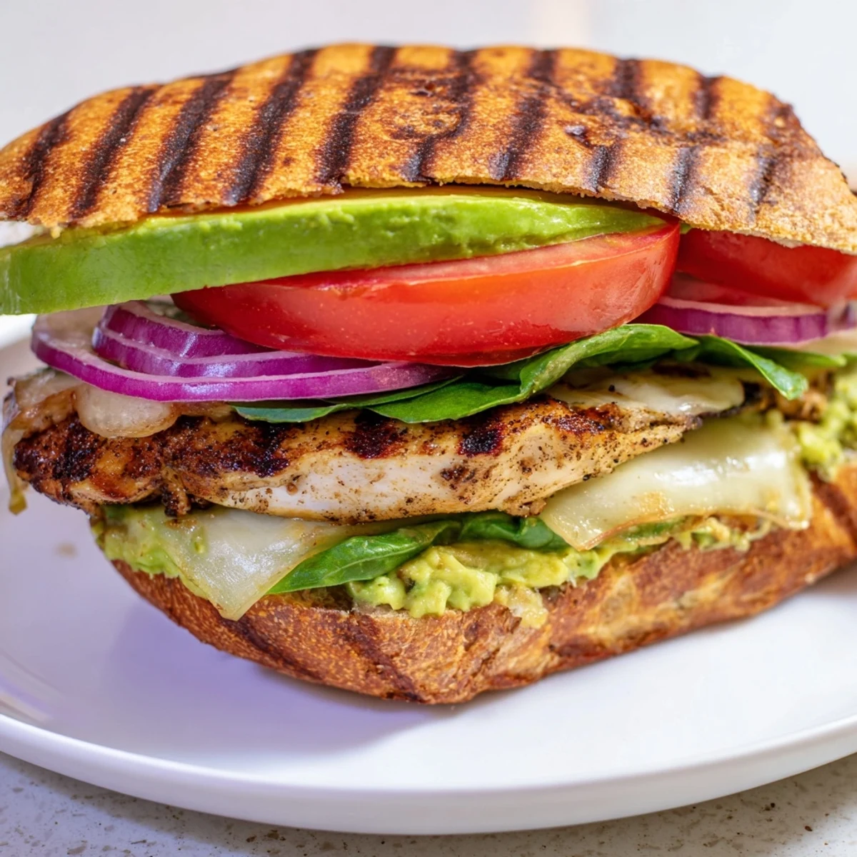 Golden grilled chicken breast layered with fresh avocado slices on toasted ciabatta bread