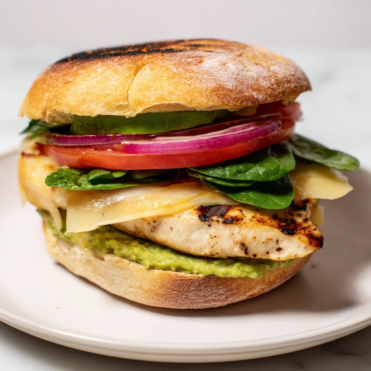 Savory grilled chicken avocado sandwich recipe with crisp lettuce tomato and melted Swiss cheese