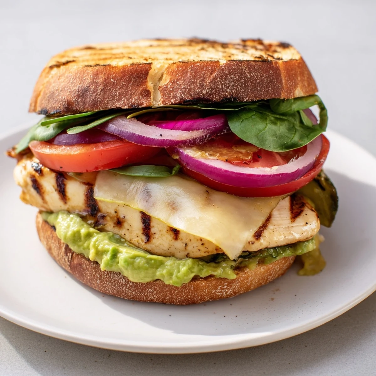 Homemade grilled chicken avocado sandwich stacked high with vegetables and zesty Dijon mayonnaise spread