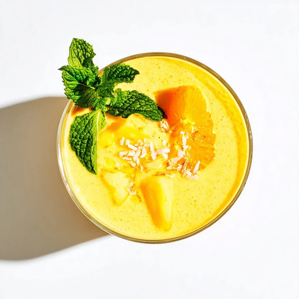Vibrant pineapple orange smoothie in a glass garnished with fresh mint leaves