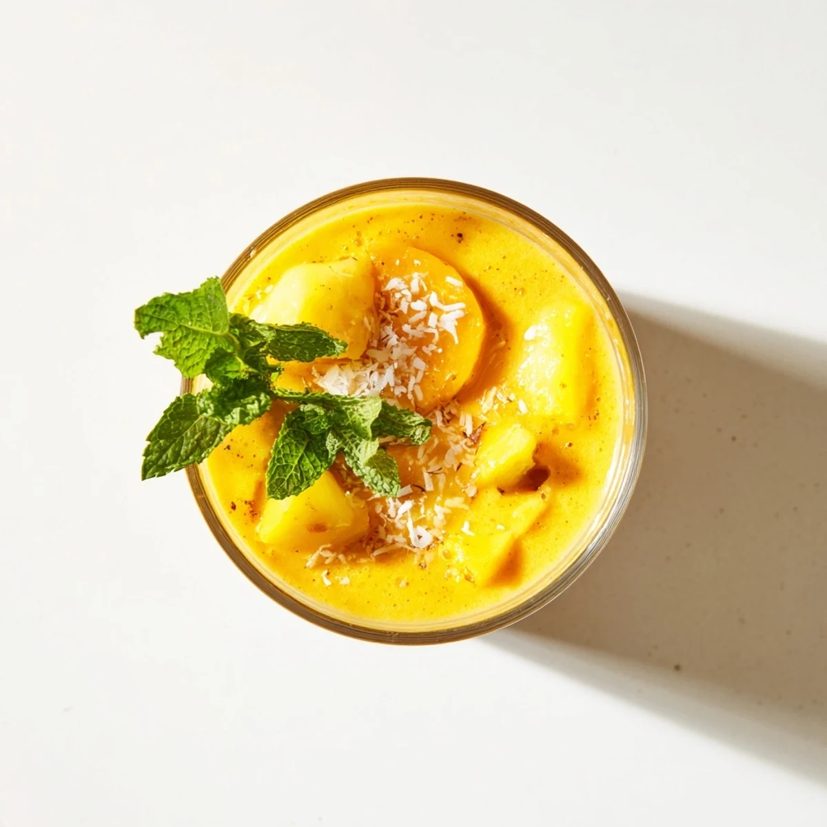 Creamy tropical pineapple orange smoothie blender poured into tall glasses with ice