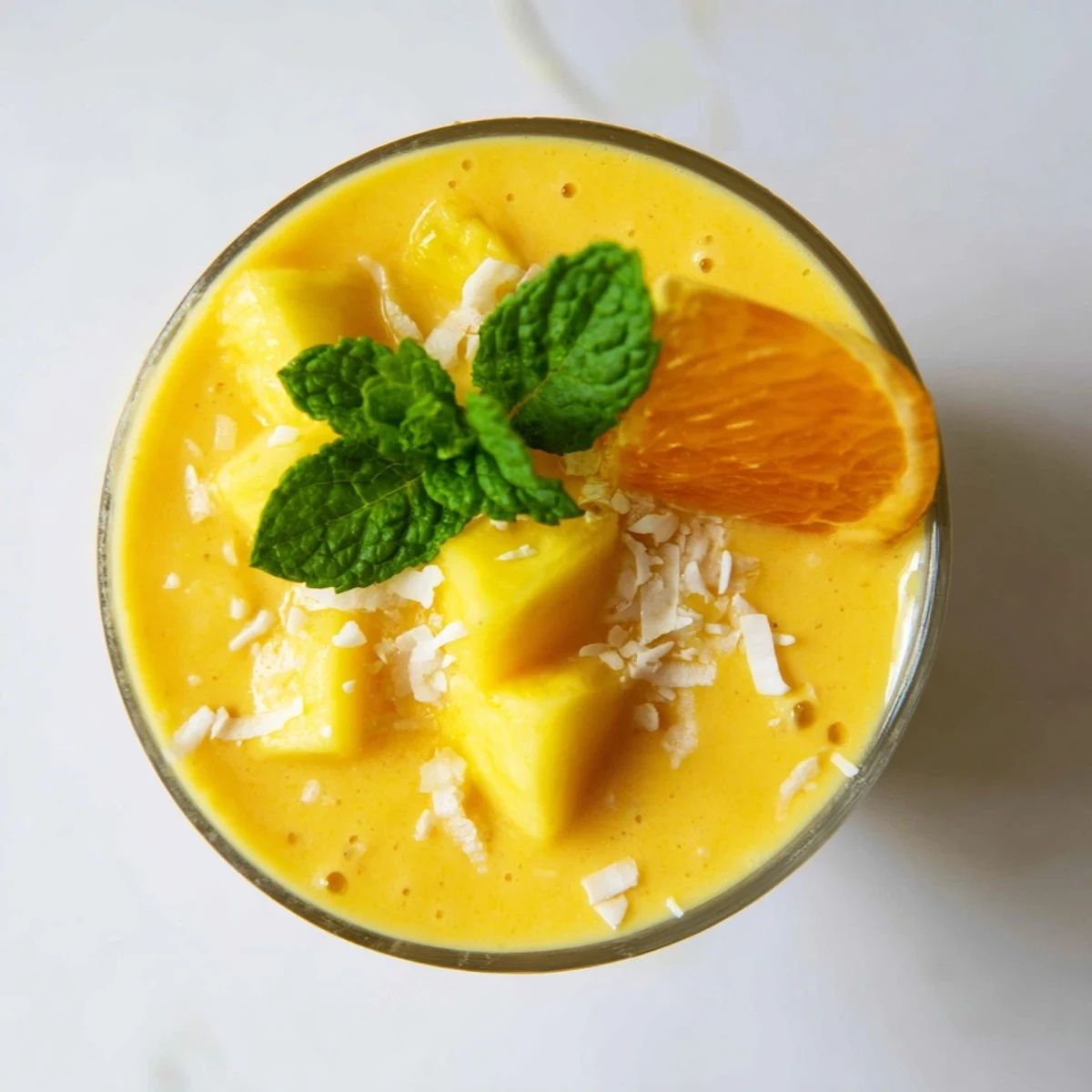 Golden pineapple orange smoothie topped with coconut flakes on wooden table