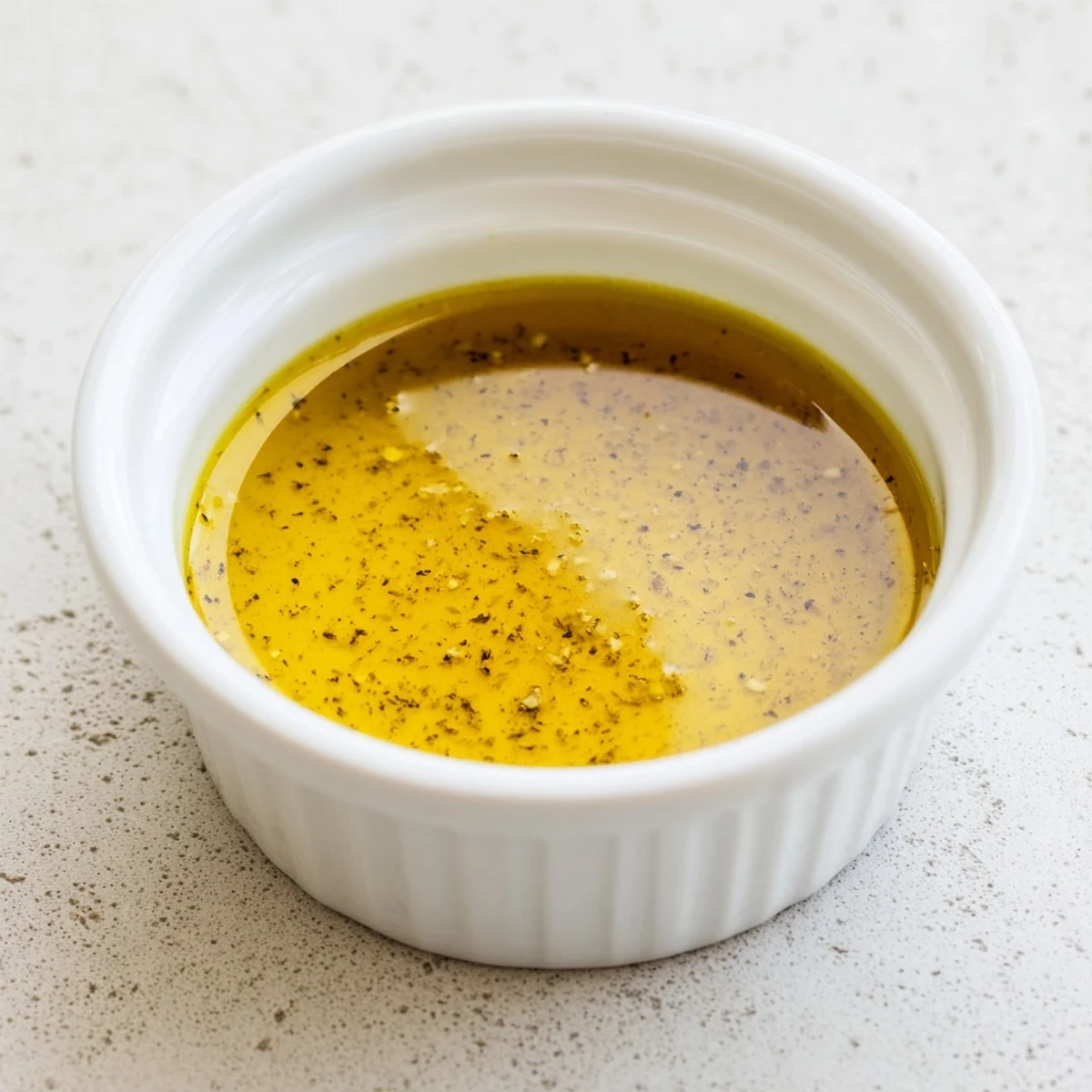 Golden emulsified Dijon vinaigrette recipe drizzled over fresh mixed greens in a white bowl