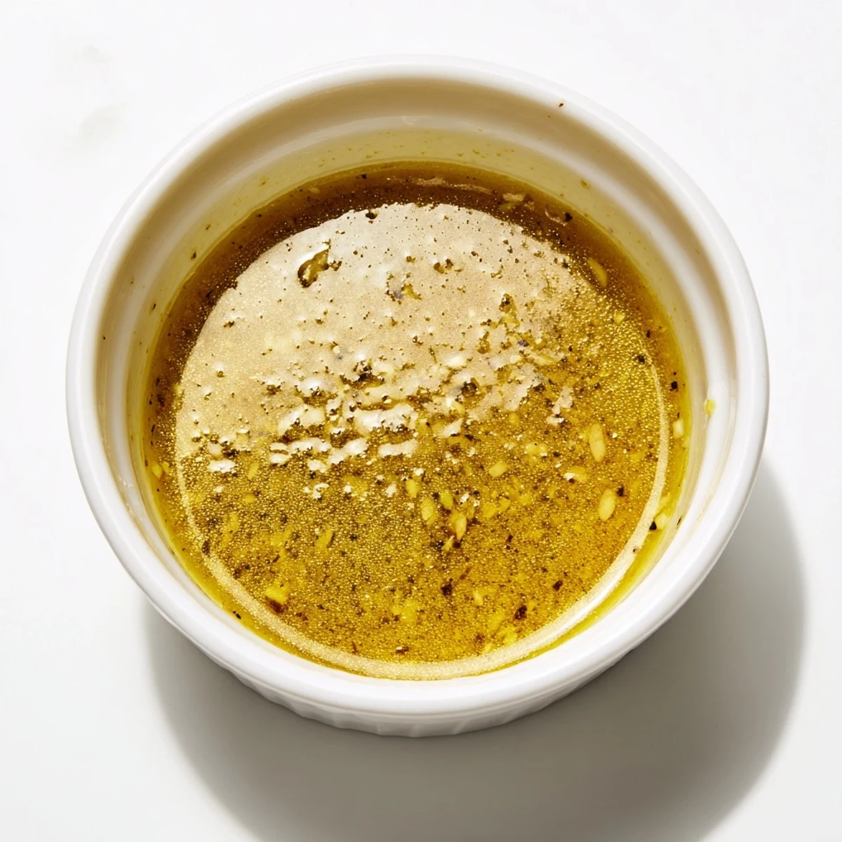 Classic French Dijon vinaigrette recipe whisked smooth in a glass jar with oil droplets