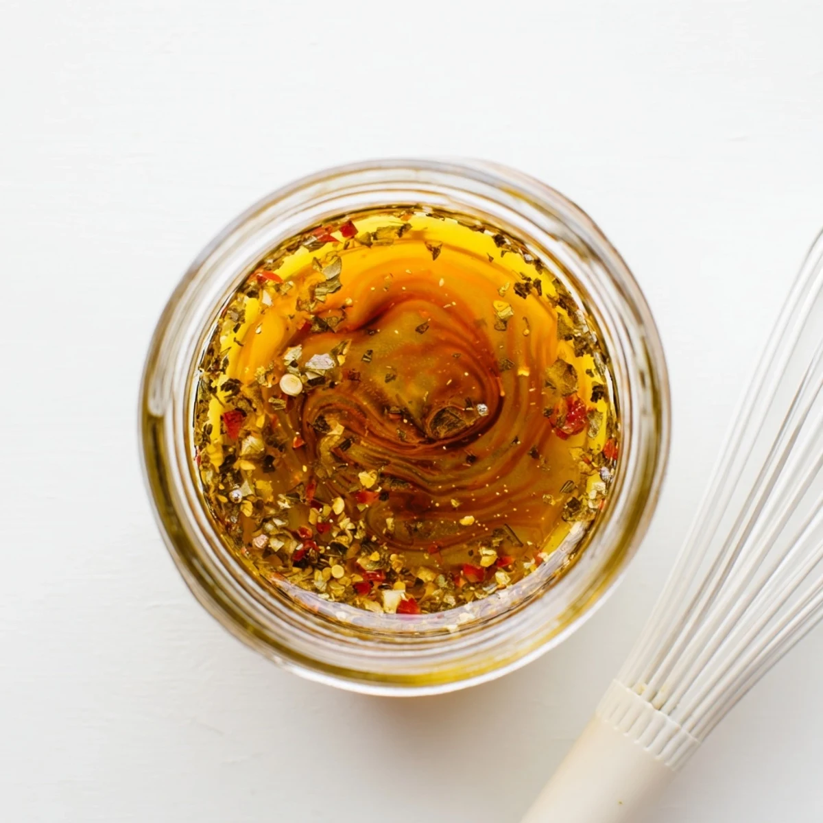 Glass jar of golden Italian vinaigrette dressing with suspended herbs and seasonings