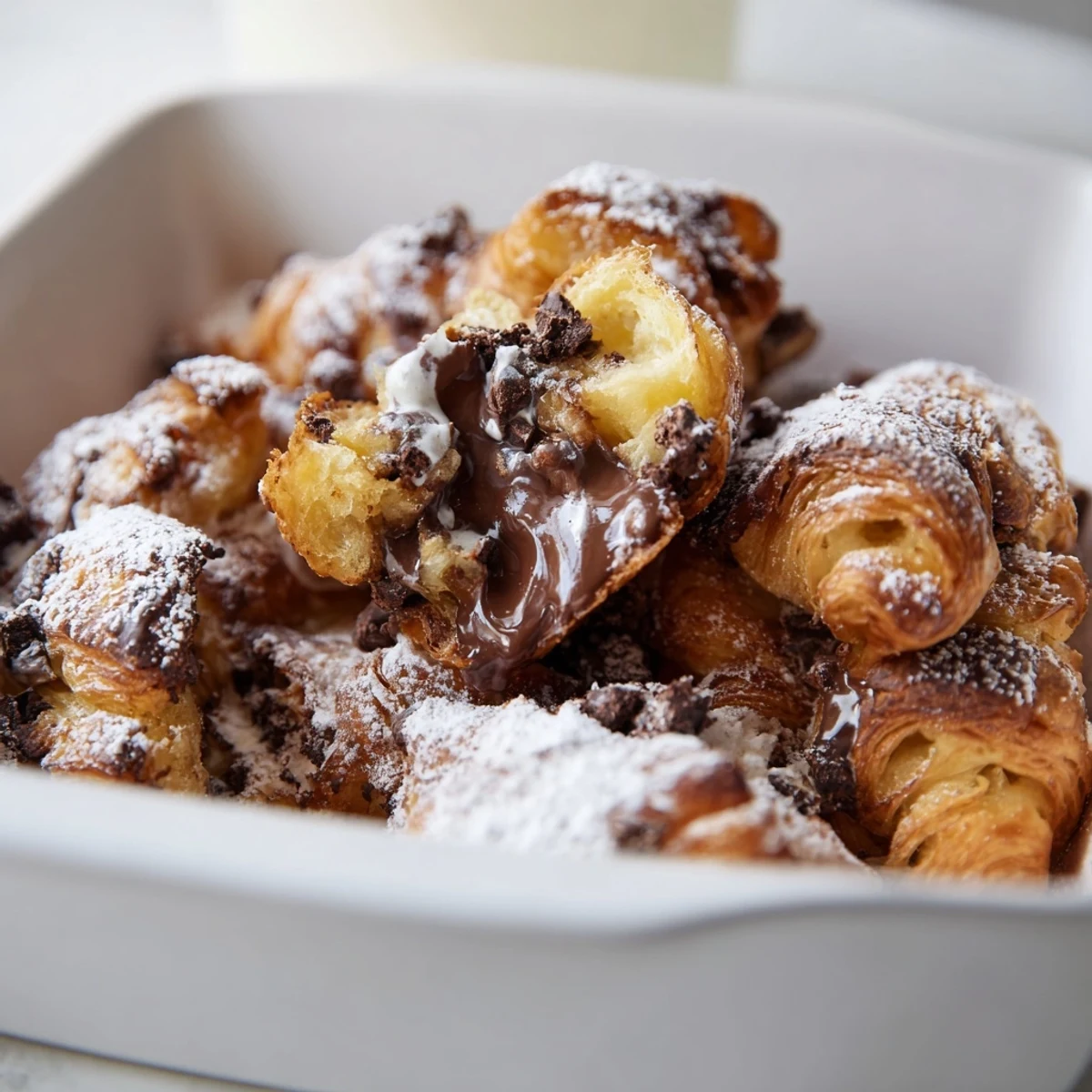 Decadent French-inspired chocolate croissant breakfast bake dusted with powdered sugar and fresh berries