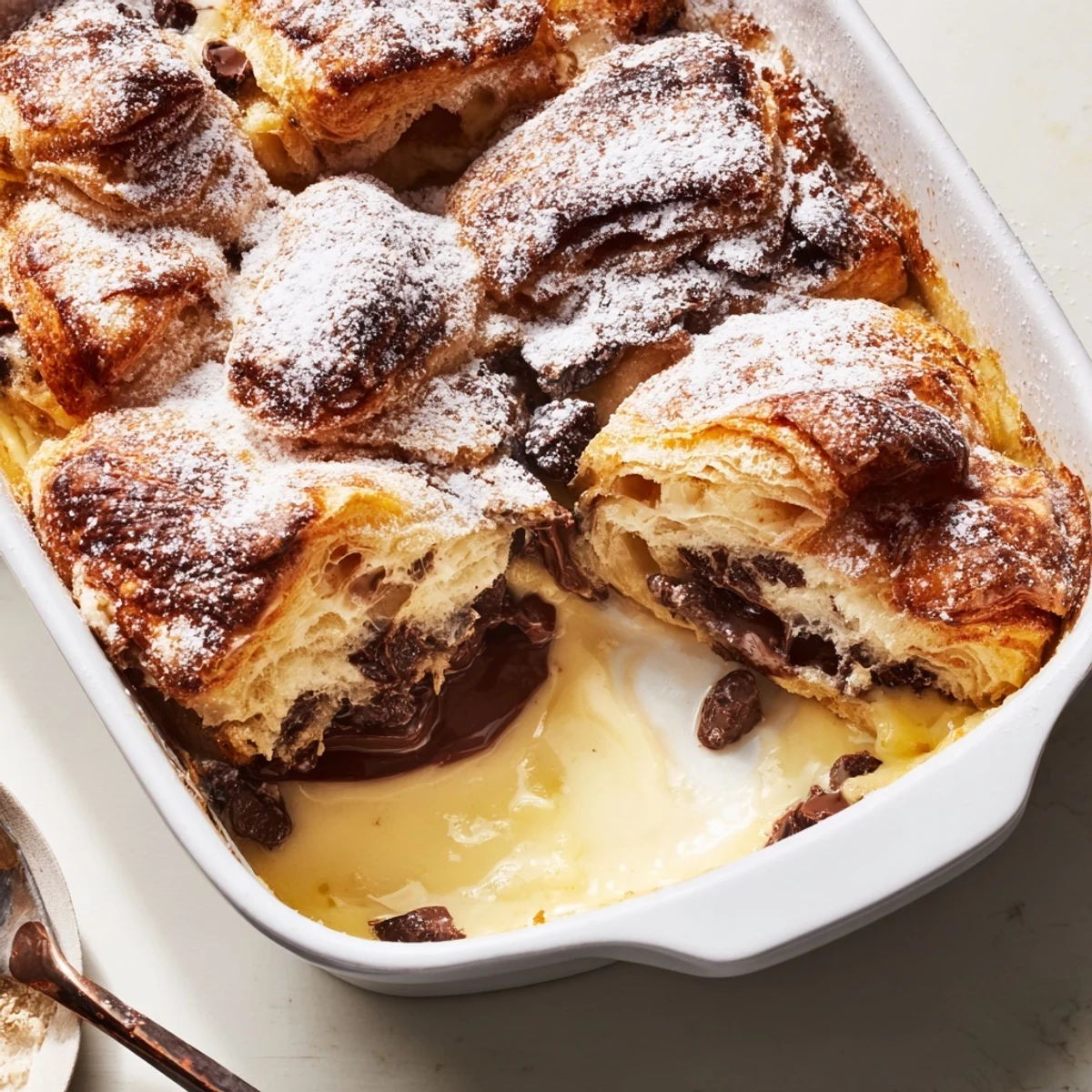 Golden chocolate croissant breakfast bake with melted chocolate chips and a creamy vanilla custard