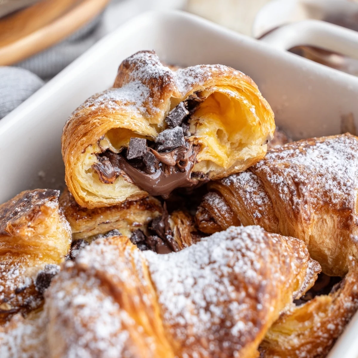 Buttery croissant pieces soaked in rich custard and baked with semi-sweet chocolate for brunch