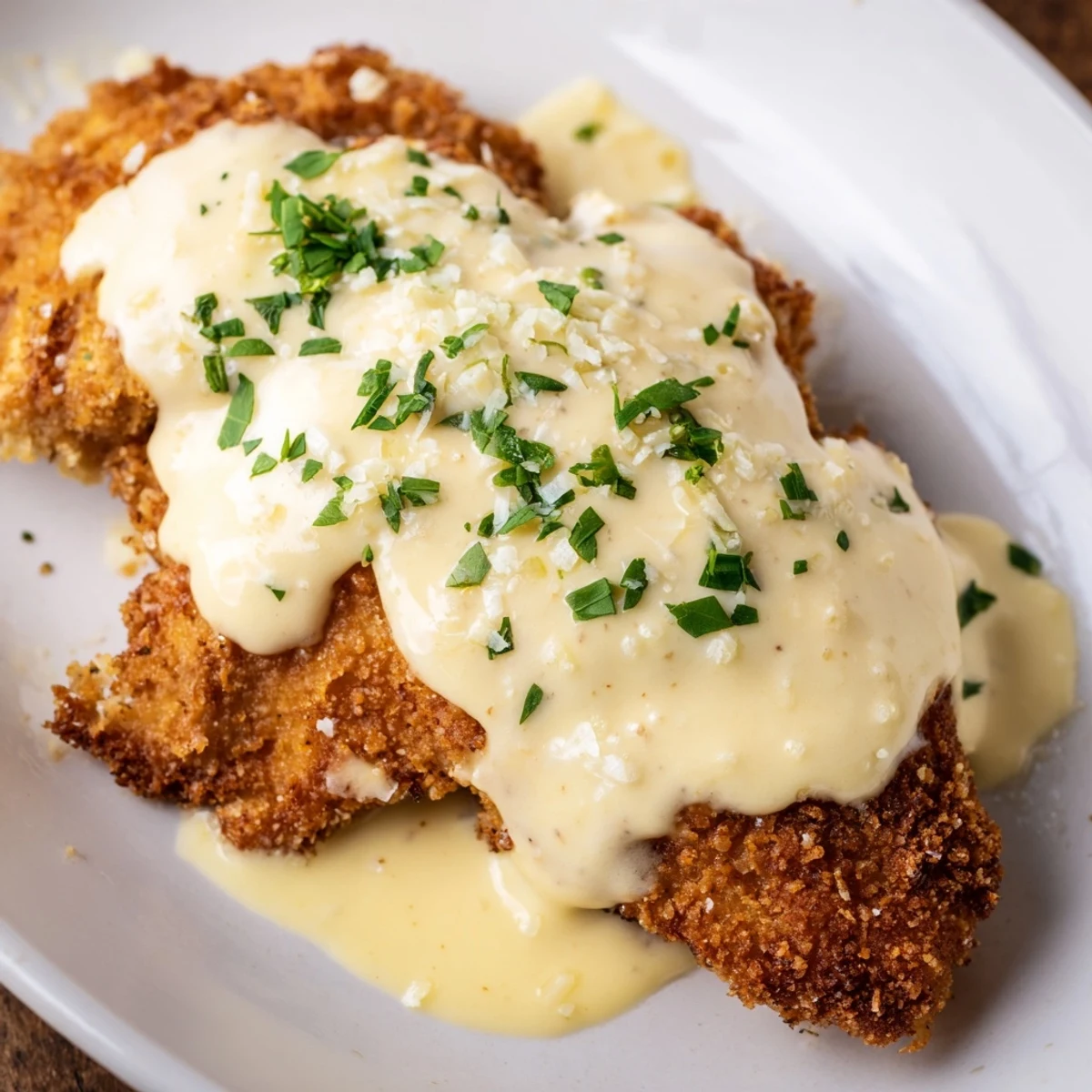 Golden brown crispy chicken breasts drizzled with rich velvety white cream sauce and fresh parsley garnish