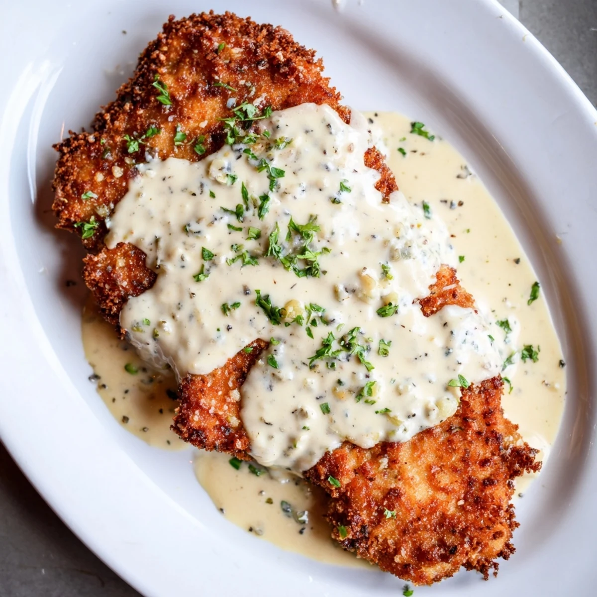 Tender fried chicken plated with thick creamy Parmesan garlic sauce for a comforting main dish