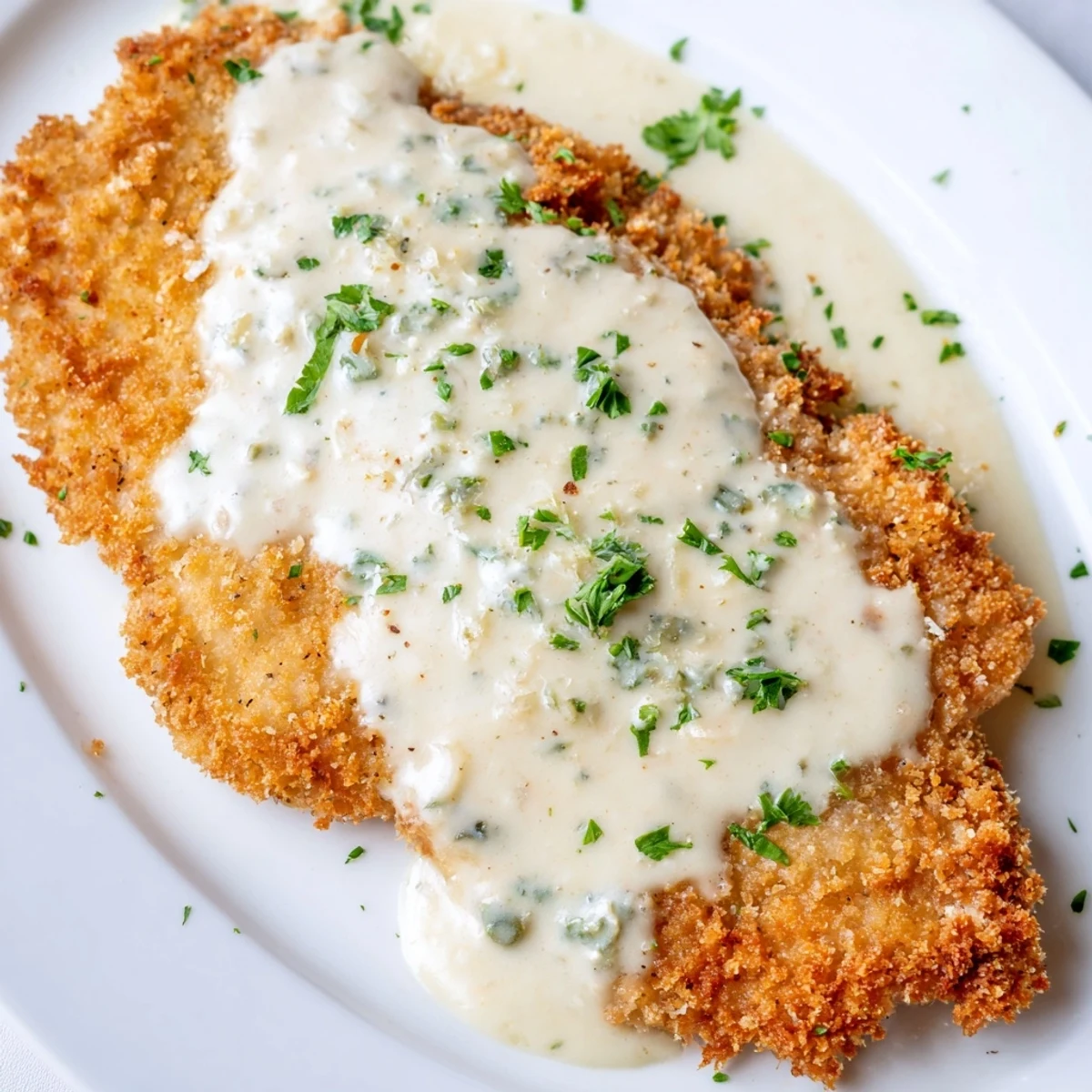 Crispy pan-fried chicken smothered in homemade white cream sauce topped with chopped green parsley