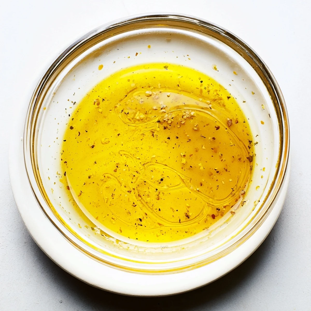 Small glass jar of golden honey mustard vinaigrette ready to dress crisp green salad