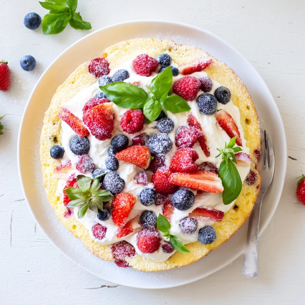 Golden basil berry cake slice topped with fresh mixed berries and whipped cream garnish