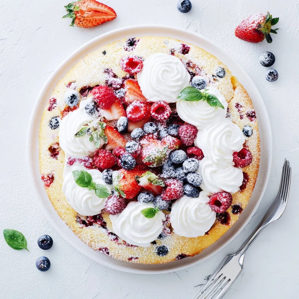 Sliced basil berry cake showcasing colorful berry swirls and fresh basil leaf garnish