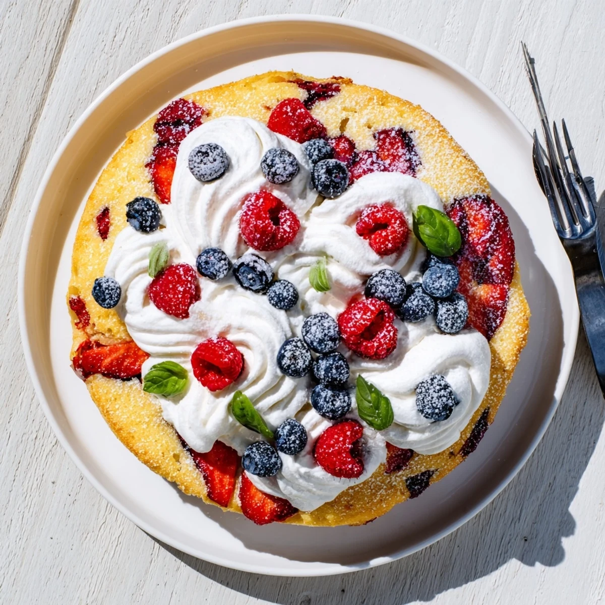 Moist basil berry cake featuring vibrant strawberries and blueberries on a white dessert plate