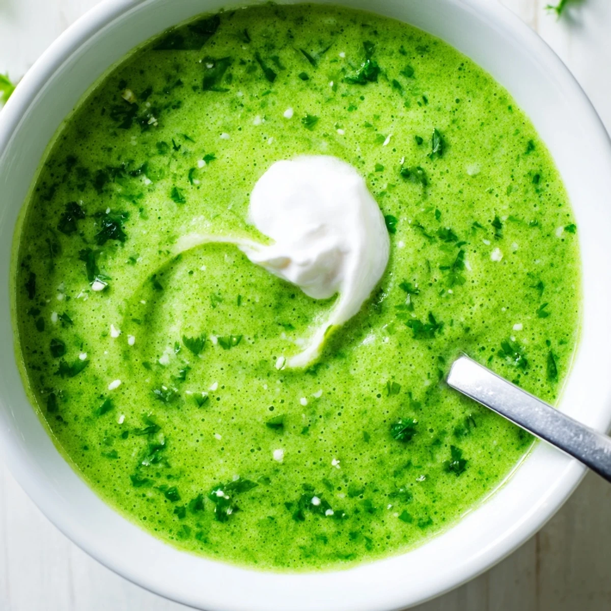 Creamy Peruvian green sauce aji verde served in a white bowl with fresh cilantro garnish