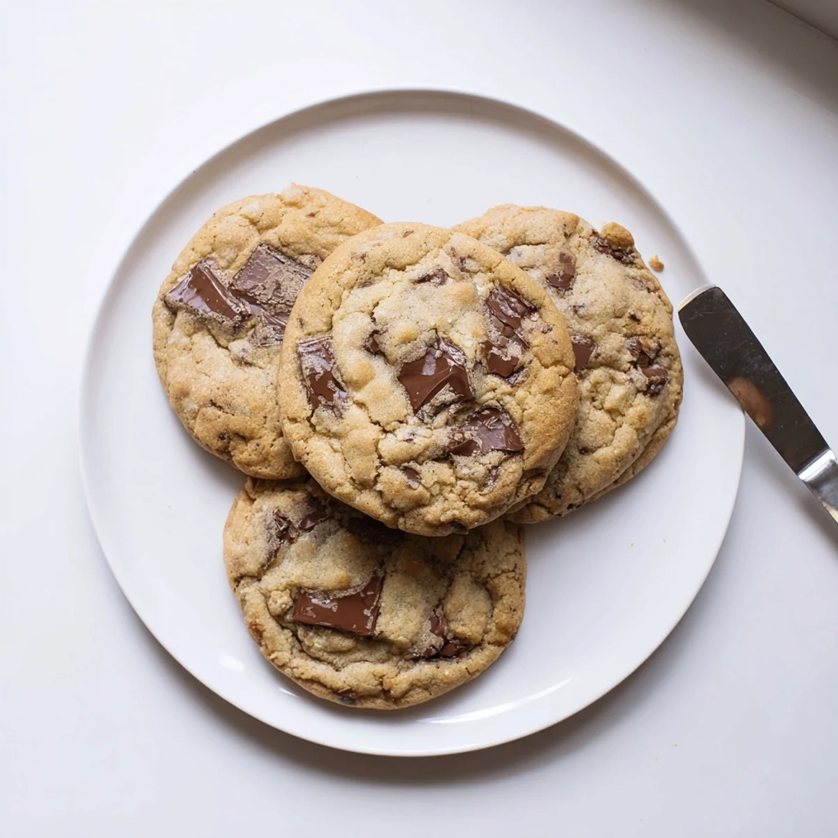 Freshly baked chewy chocolate chip cookies with golden edges and melted chocolate pools