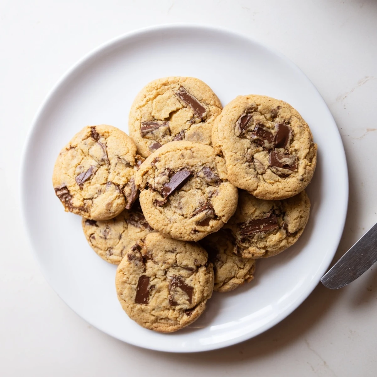 Stack of homemade chewy chocolate chip cookies with rich semisweet chocolate chips