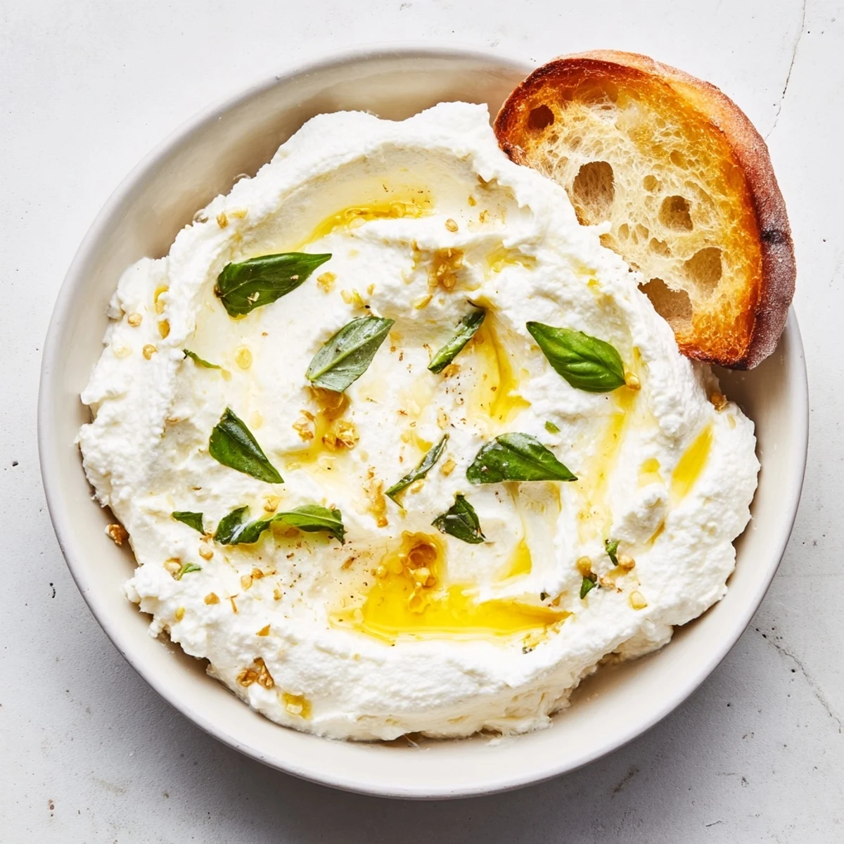 Creamy whipped ricotta spread topped with honey, fresh herbs, and flaky sea salt on a rustic wooden board