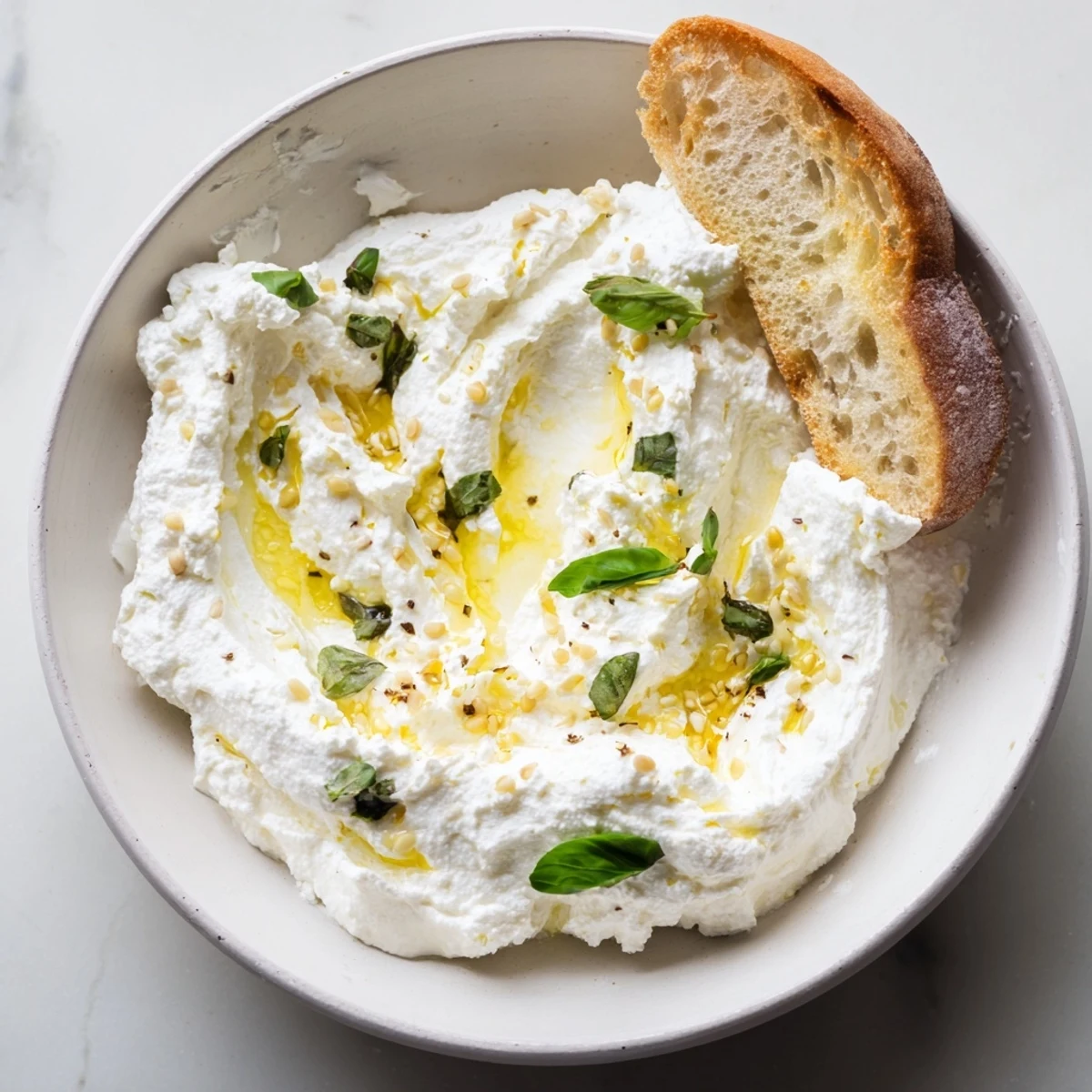 Smooth whipped ricotta appetizer garnished with lemon zest, cracked black pepper, and basil for dipping