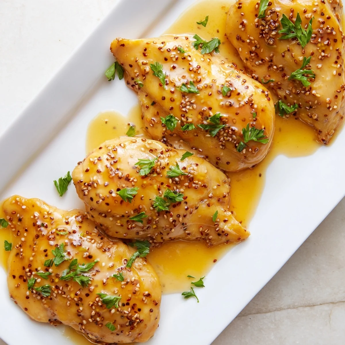 Golden oven baked honey mustard chicken breasts glazed with sweet tangy sauce and fresh parsley garnish