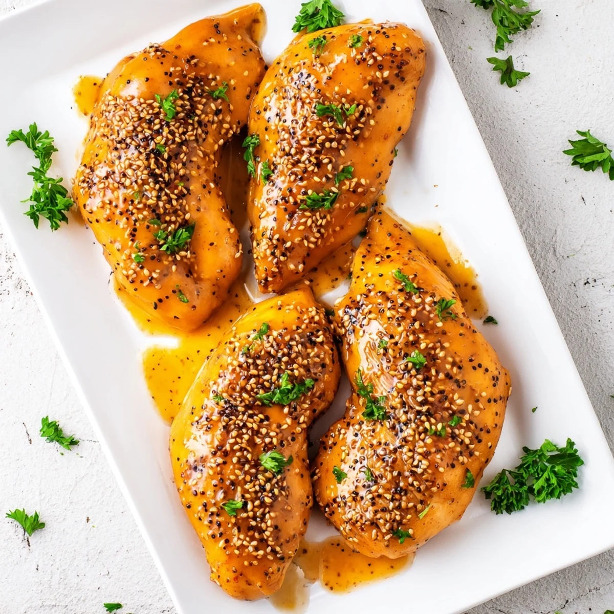 Close up of oven baked honey mustard chicken showing caramelized edges and brushed with sticky honey coating