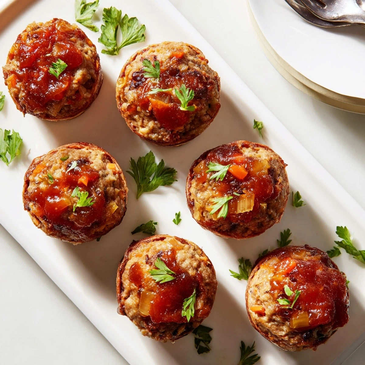 Golden glazed turkey meatloaf muffins fresh from the oven with caramelized ketchup topping