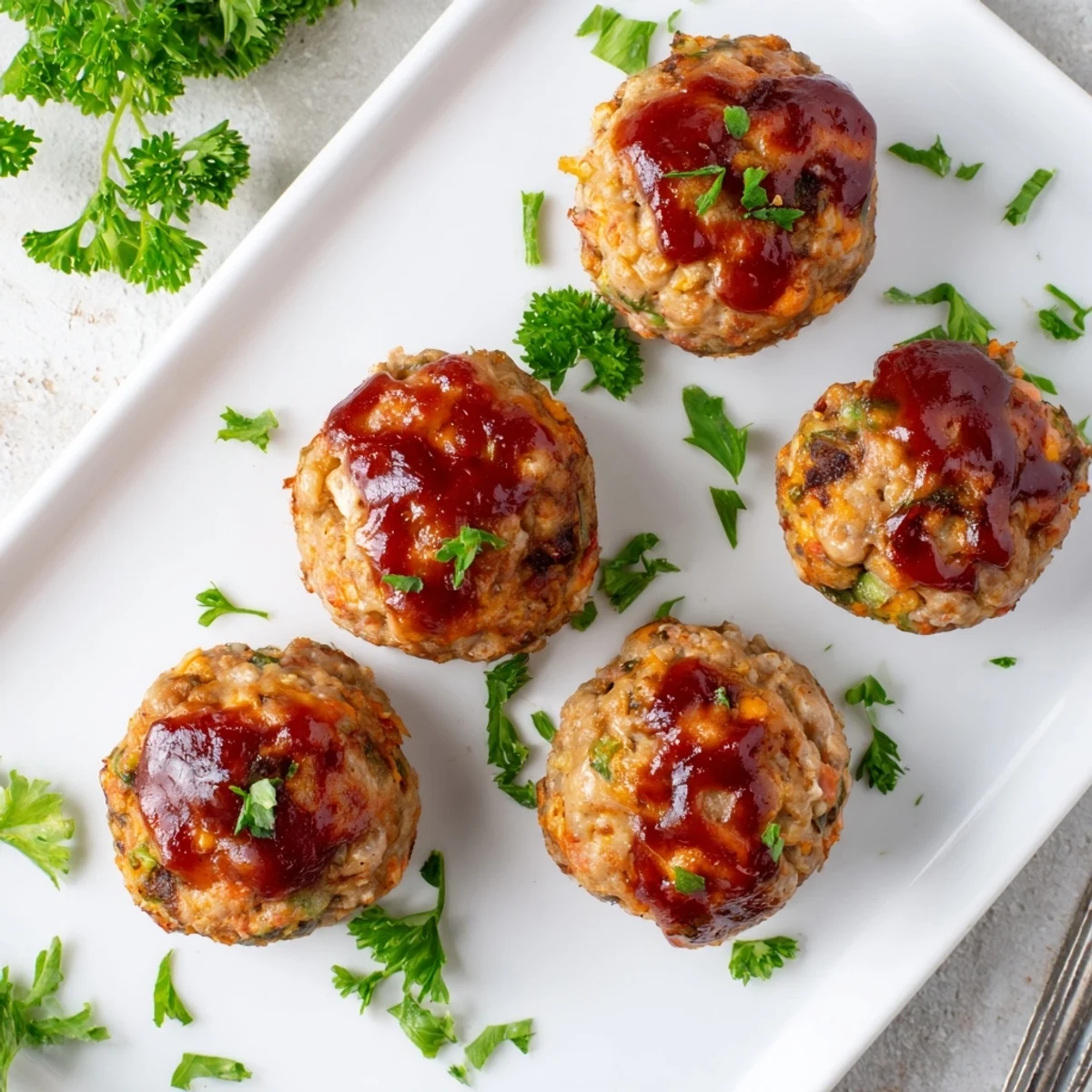 Six individual turkey meatloaf muffins arranged in muffin tin with shiny brown sugar glaze