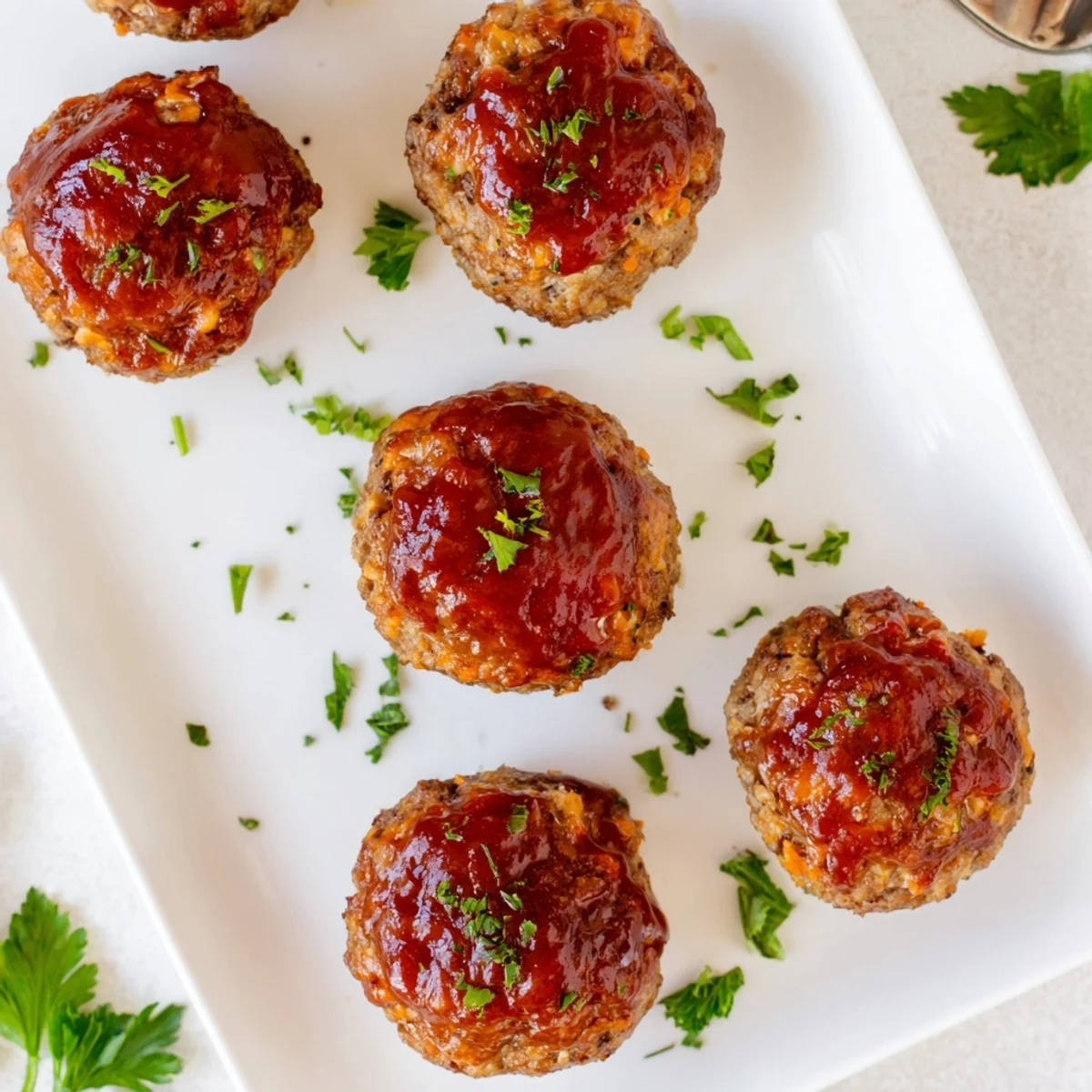 Moist ground turkey meatloaf muffins brushed with sweet tangy glaze on white serving plate