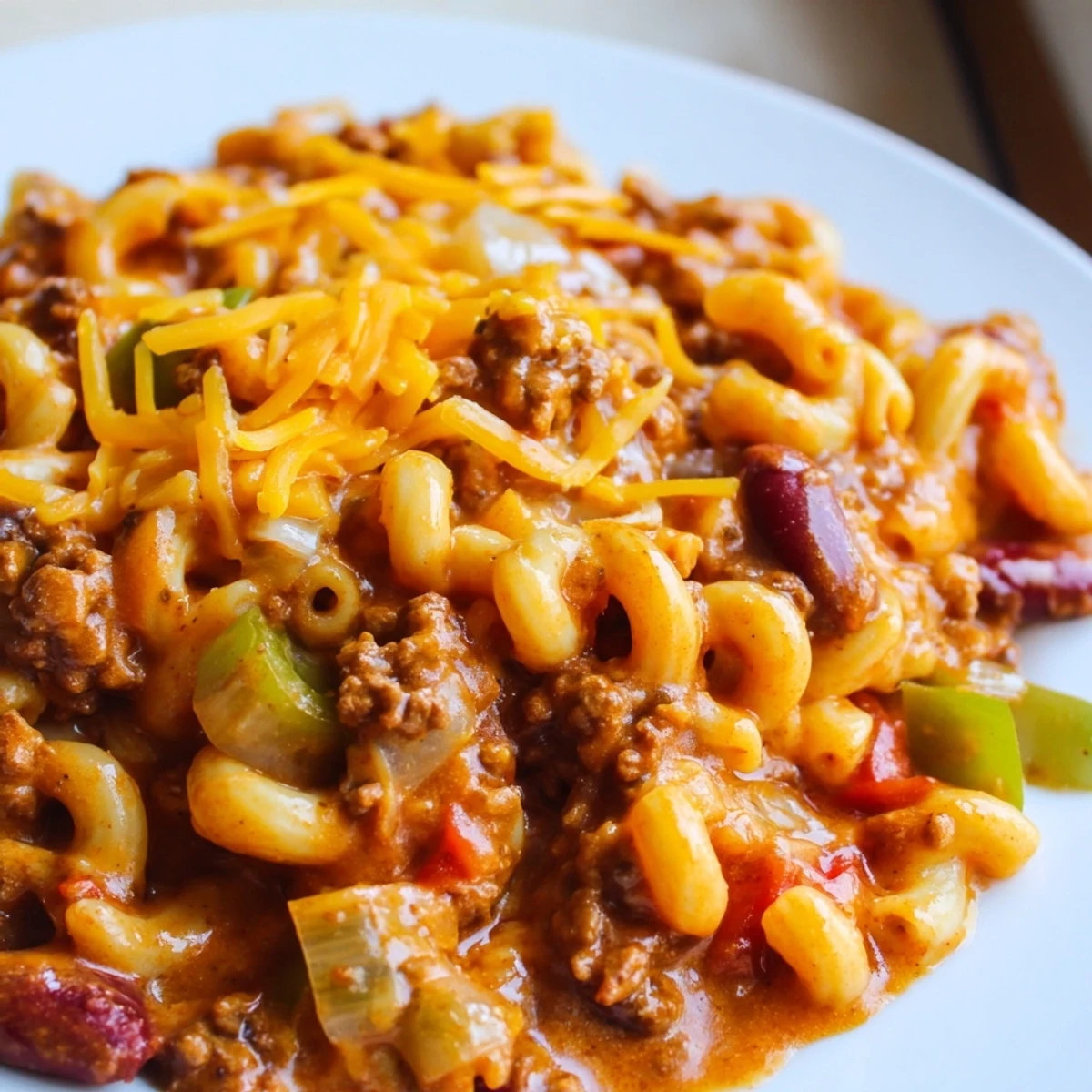 Creamy chili mac and cheese loaded with ground beef, beans, and melted cheddar cheese in a bowl