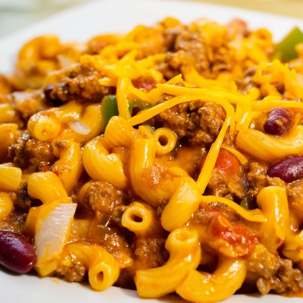 Hearty chili mac and cheese bubbling with pasta, beef, tomatoes, and gooey shredded cheddar topping