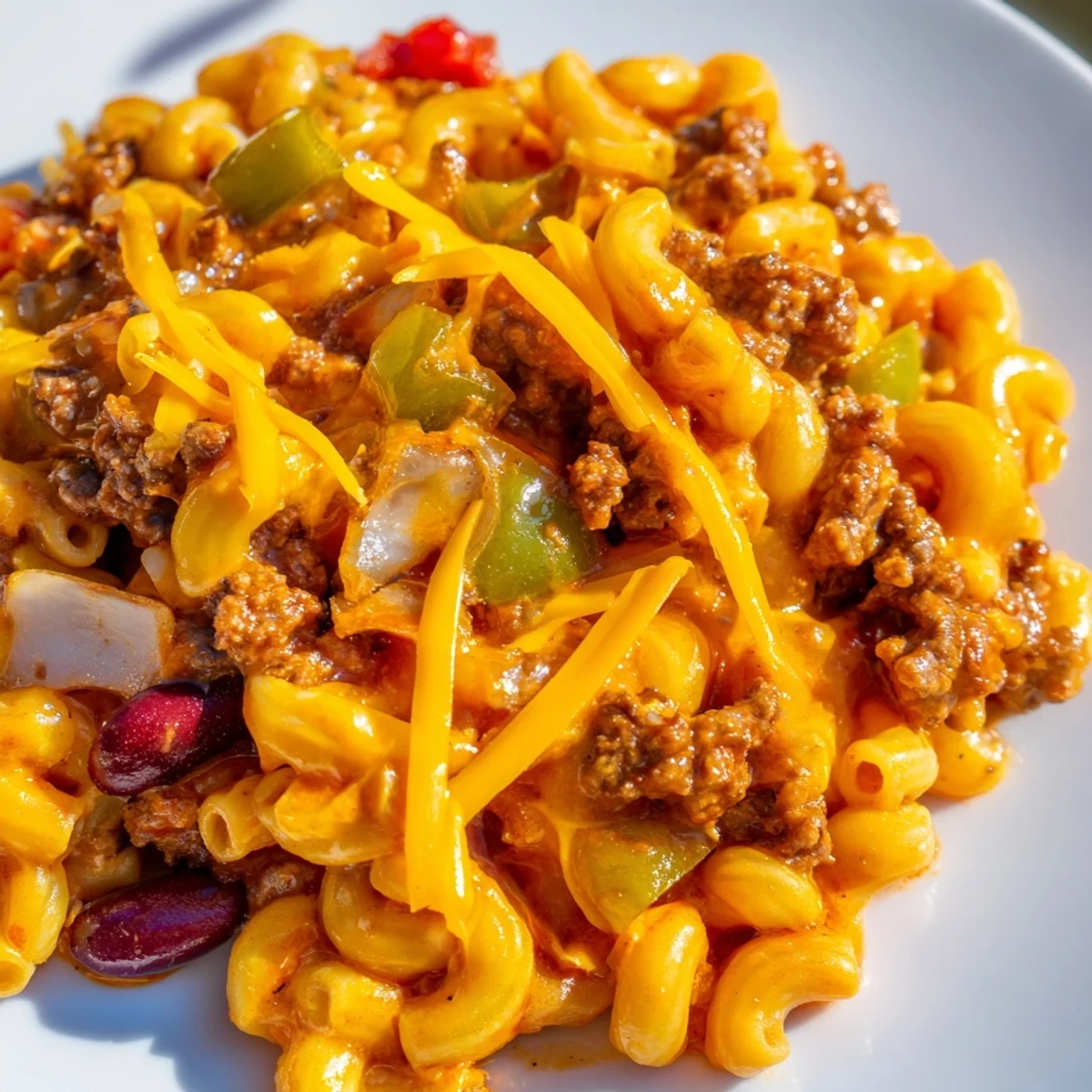 Spoonful of chili mac and cheese showcasing tender macaroni, beef, beans, and rich cheese sauce
