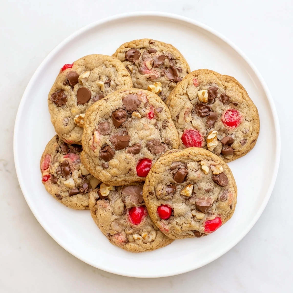 Soft golden maraschino cherry chocolate chip cookies with bright red cherry pieces and melting chocolate chips on a white plate