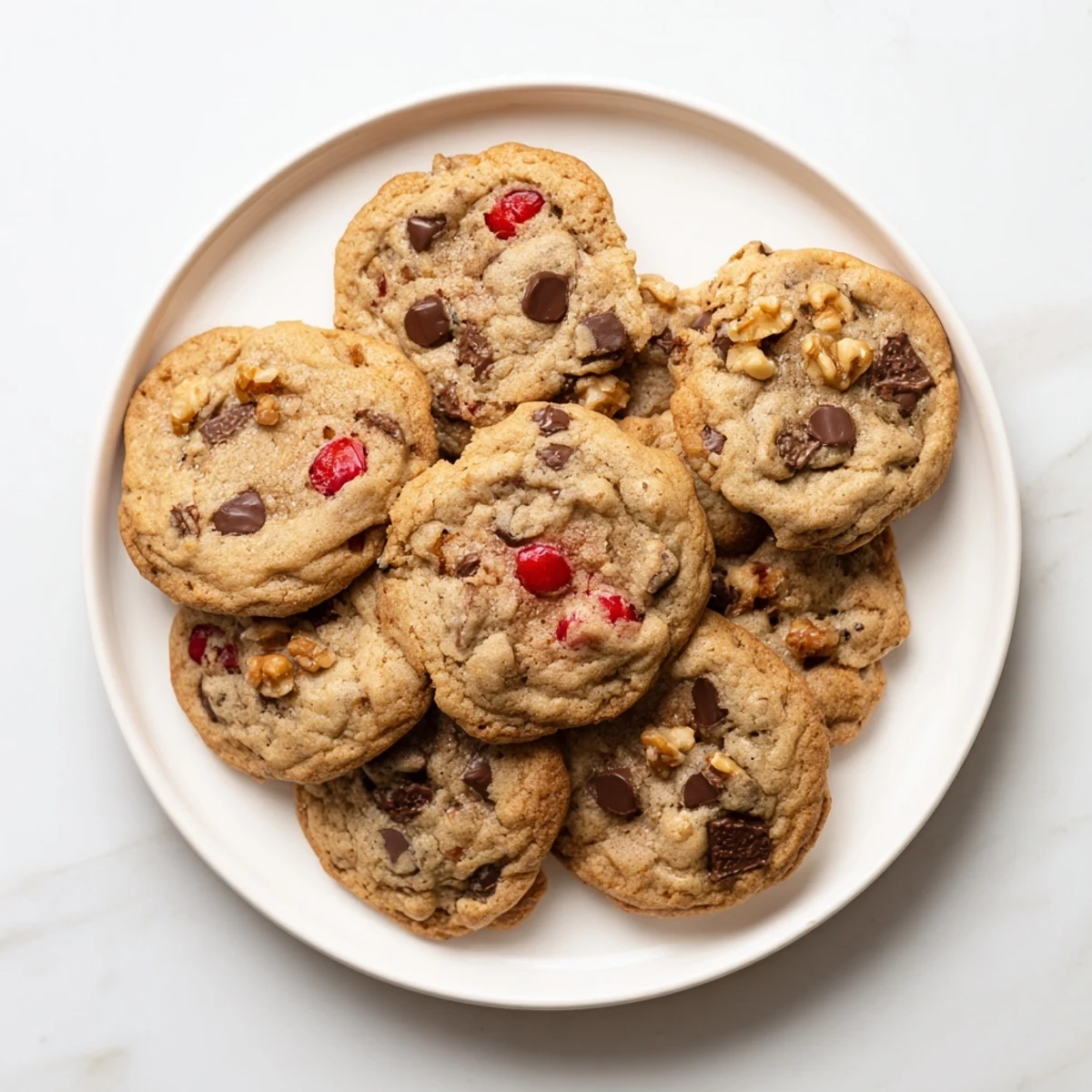Freshly baked maraschino cherry chocolate chip cookies stacked on a wire cooling rack with gooey chocolate pockets and chopped cherries throughout