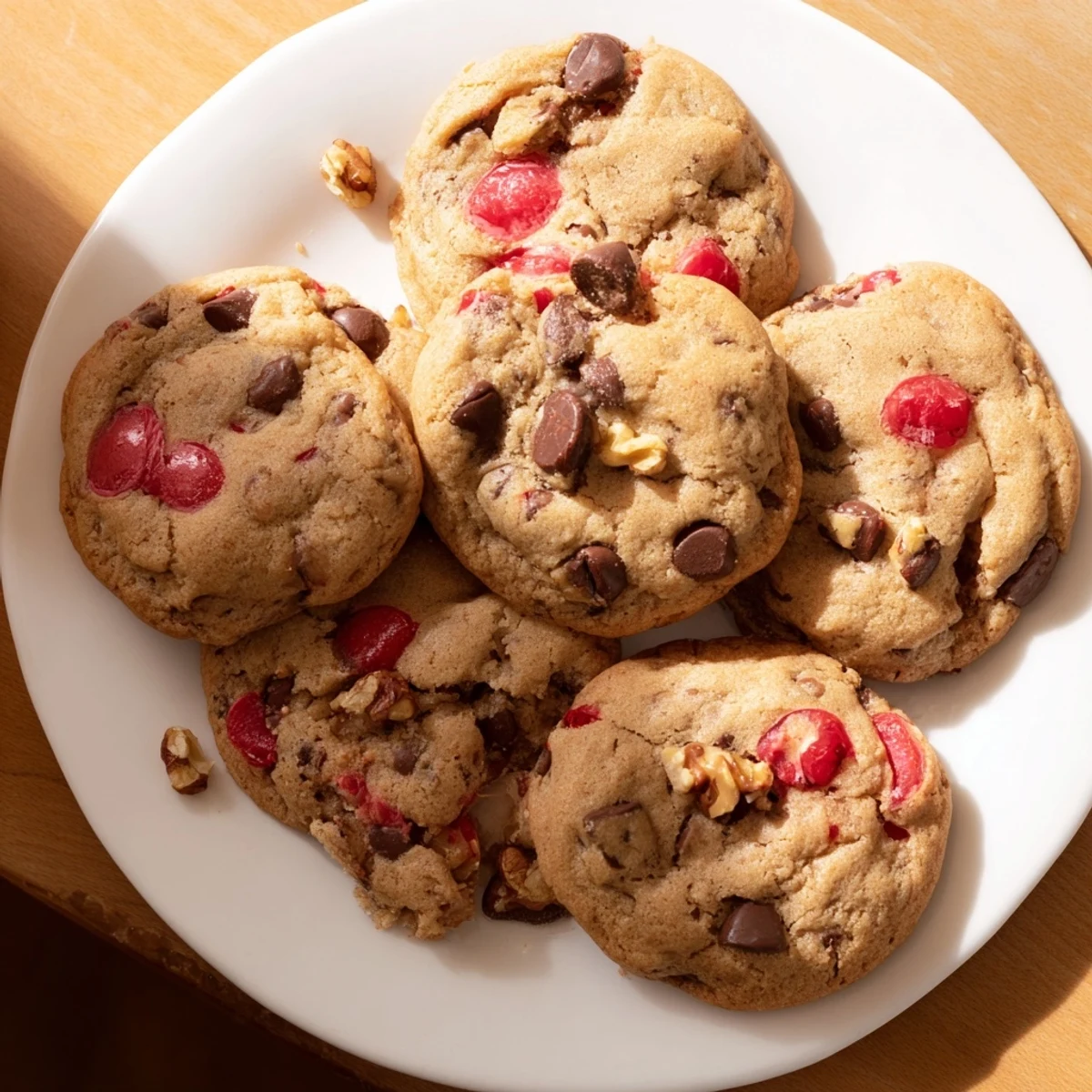 Close-up of chewy maraschino cherry chocolate chip cookies showing semi-sweet chips and vibrant cherry bits on a wooden cutting board