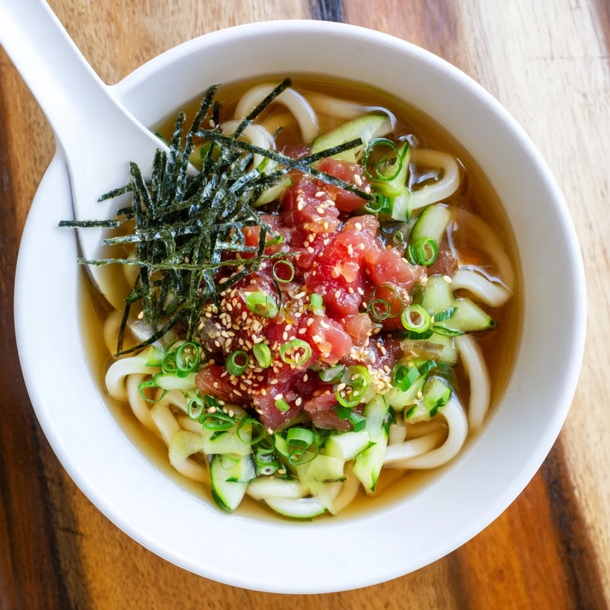 Japanese spicy tuna udon bowl featuring tender marinated tuna over thick chewy udon noodles