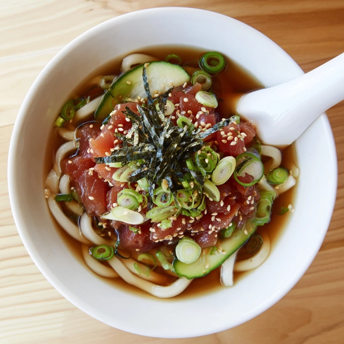 Spicy tuna udon noodles in savory broth topped with fresh green onions and sesame seeds